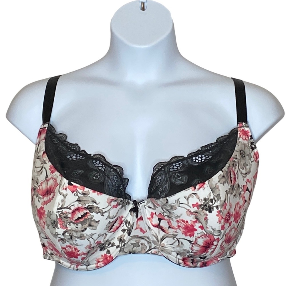 Cacique Womens Lightly Lined French Balconette Bra 44H Floral Lace Underwire